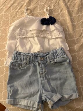 The Children's Place Light Blue Denim Short Set with White Ruffle Tank